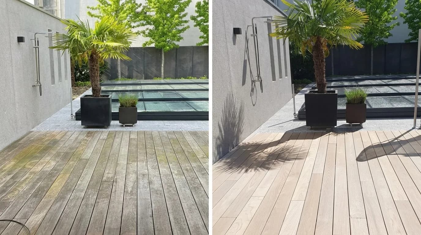 Vorher-Nachher-Beispiel einer gereinigten Terrasse
