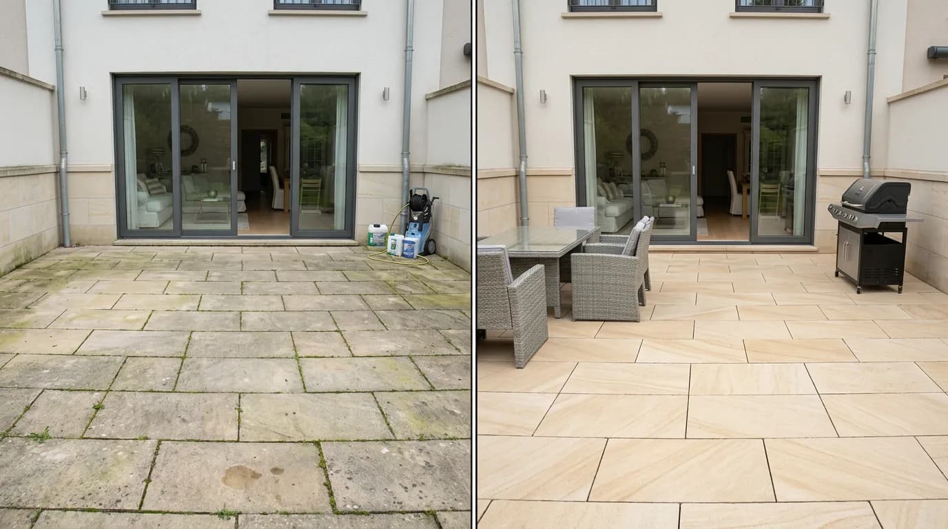 Vorher-Nachher-Beispiel einer aufbereiteten Terrassenoberfläche