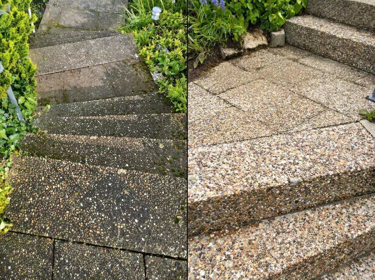 Vorher-Nachher-Beispiel einer gereinigten Wegefläche