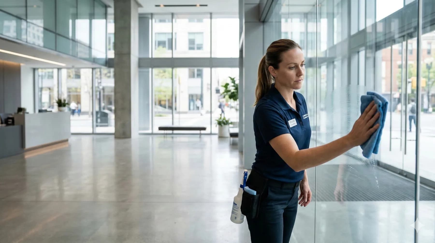 Reinigungskraft säubert Glasflächen in einem modernen Gebäude